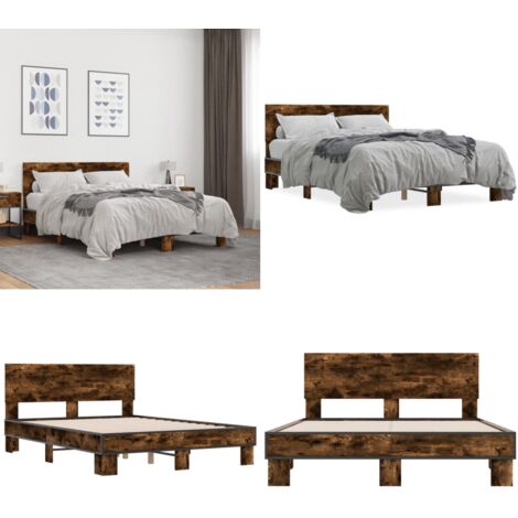 Estructura cama madera ingeniería metal roble ahumado 140x200cm - Estructura de cama - Cama de madera contrachapada