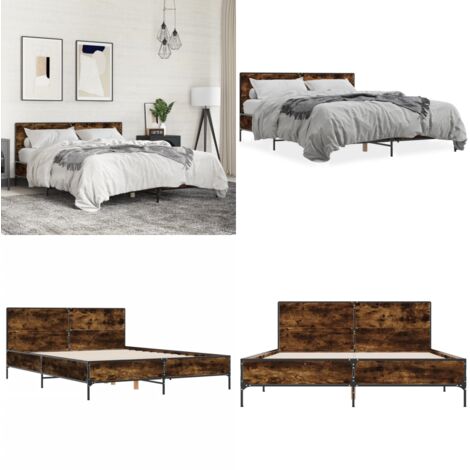 Estructura cama madera ingeniería metal roble ahumado 160x200cm - Estructura de cama - Cama de metal
