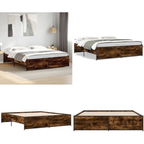 Estructura cama madera ingeniería metal roble ahumado 200x200cm - Estructura de cama - Cama de ingeniería
