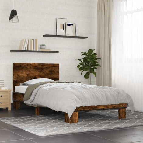 Estructura cama madera ingeniería metal roble ahumado 90x200 cm