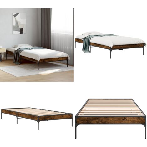 Estructura cama madera ingeniería metal roble ahumado 90x200 cm - Estructura de cama - Cama de ingeniería