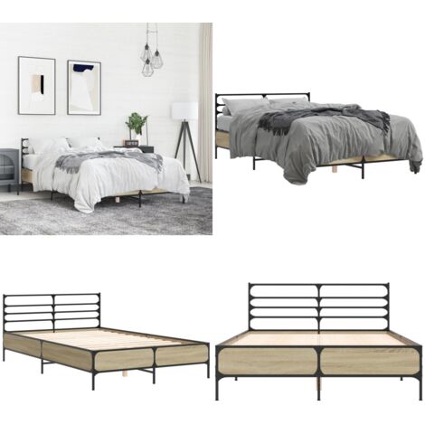 Estructura cama madera ingeniería metal roble Sonoma 120x190 cm - Estructura de cama - Cama de madera contrachapada