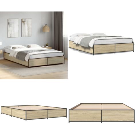 Estructura cama madera ingeniería metal roble Sonoma 120x200 cm - Estructura de cama - Cama de madera contrachapada