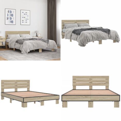 Estructura cama madera ingeniería metal roble Sonoma 140x200 cm - Estructura de cama - Cama de madera contrachapada