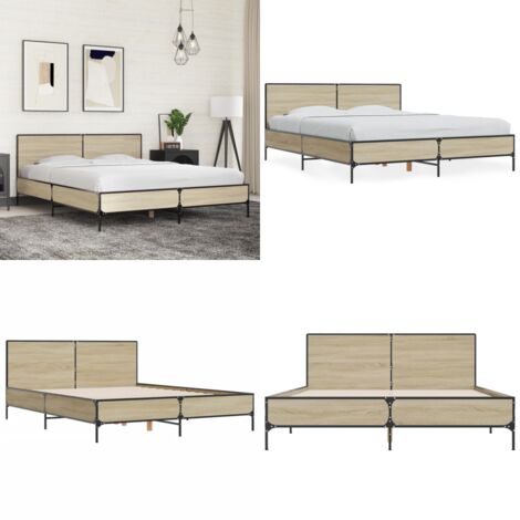 Estructura cama madera ingeniería metal roble Sonoma 160x200 cm - Estructura de cama - Soporte para la espalda
