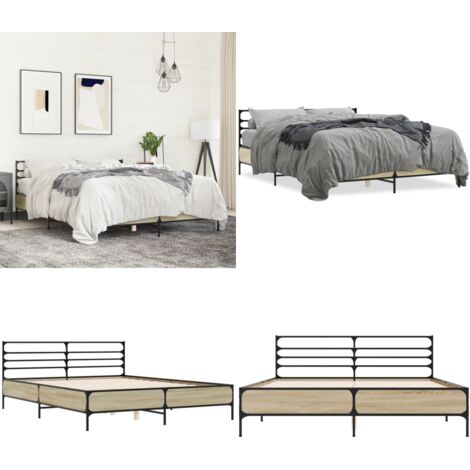 Estructura cama madera ingeniería metal roble Sonoma 160x200 cm - Estructura de cama - Soporte para la espalda