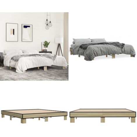 Estructura cama madera ingeniería metal roble Sonoma 200x200 cm - Estructura de cama - Cama de madera contrachapada