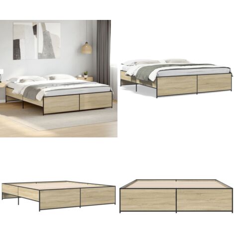 Estructura cama madera ingeniería metal roble Sonoma 200x200 cm - Estructura de cama - Cama de roble
