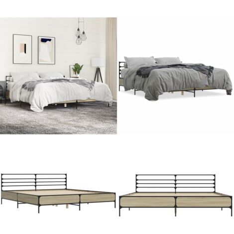 Estructura cama madera ingeniería metal roble Sonoma 200x200 cm - Estructura de cama - Soporte para la espalda