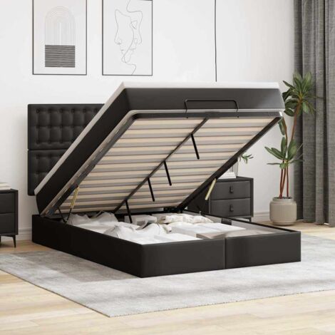 Estructura cama otomana colchón cuero sintético negro 140x200cm