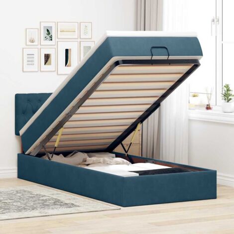 Estructura cama otomana colchón terciopelo azul oscuro