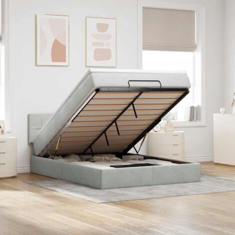Estructura cama otomana colchón terciopelo gris claro 140x190cm