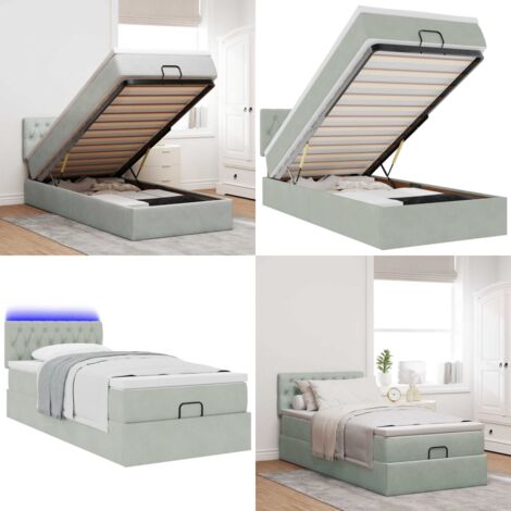 Estructura cama otomana colchón terciopelo gris claro 80x200cm - Colchón de muelles ensacados - Almacenamiento debajo de la cama