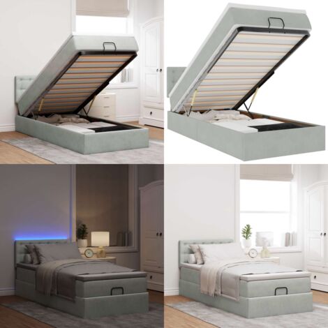 Estructura cama otomana colchón terciopelo gris claro 80x200cm - Colchón de muelles ensacados - Almacenamiento debajo de la cama