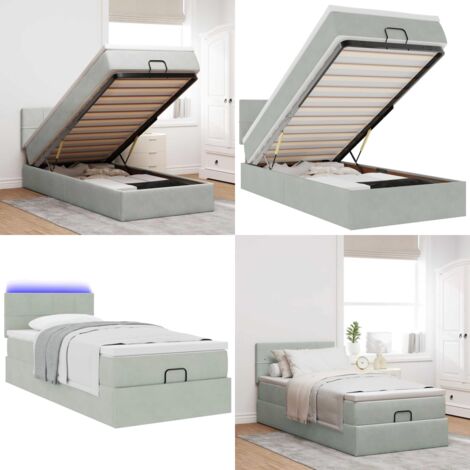 Estructura cama otomana colchón terciopelo gris claro 90x190cm - Colchón de muelles ensacados - Almacenamiento debajo de la cama