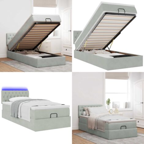 Estructura cama otomana colchón terciopelo gris claro 90x190cm - Colchón de muelles ensacados - Almacenamiento debajo de la cama