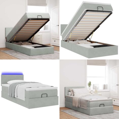 Estructura cama otomana colchón terciopelo gris claro 90x200cm - Colchón de muelles ensacados - Almacenamiento debajo de la cama