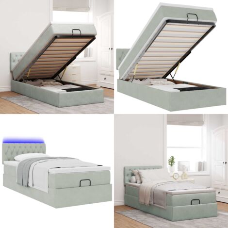 Estructura cama otomana colchón terciopelo gris claro 90x200cm - Colchón de muelles ensacados - Almacenamiento debajo de la cama