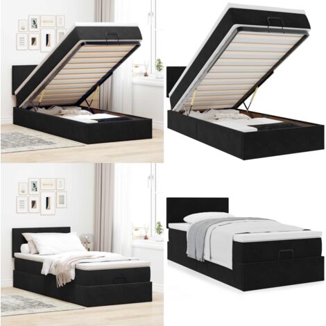 Estructura cama otomana colchón terciopelo negra 80x200cm - Colchón de muelles ensacados - Almacenamiento debajo de la cama