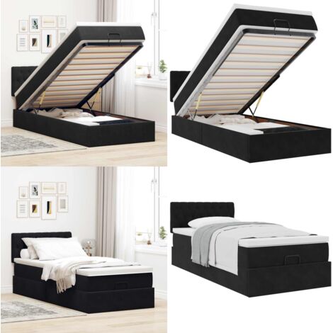 Estructura cama otomana colchón terciopelo negra 80x200cm - Colchón de muelles ensacados - Almacenamiento debajo de la cama