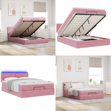 Estructura cama otomana colchón terciopelo rosa 140x200cm - Colchón de muelles ensacados - Almacenamiento debajo de la cama