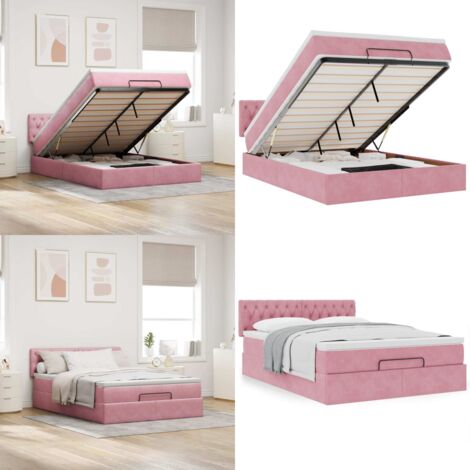 Estructura cama otomana colchón terciopelo rosa 140x200cm - Colchón terciopelo rosa - Cama con almacenamiento