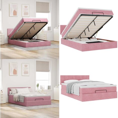 Estructura cama otomana colchón terciopelo rosa 140x200cm - Colchón terciopelo rosa - Cama con almacenamiento
