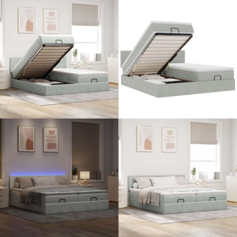 Estructura cama otomana colchones terciopelo gris claro - Colchón de muelles ensacados - Almacenamiento debajo de la cama