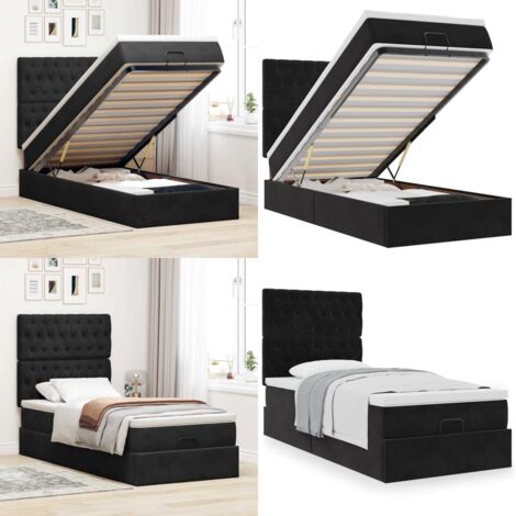 Estructura cama otomana colchones terciopelo negro 90x200 cm - Colchón de muelles ensacados - Almacenamiento debajo de la cama