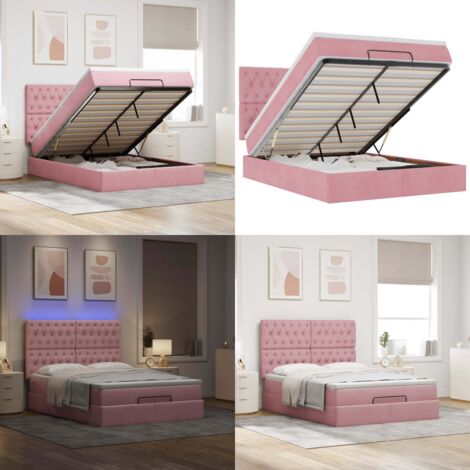 Estructura cama otomana colchones terciopelo rosa 140x200cm - Colchón de muelles ensacados - Almacenamiento debajo de la cama