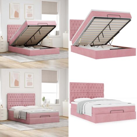 Estructura cama otomana colchones terciopelo rosa 140x200cm - Colchón de muelles ensacados - Almacenamiento debajo de la cama
