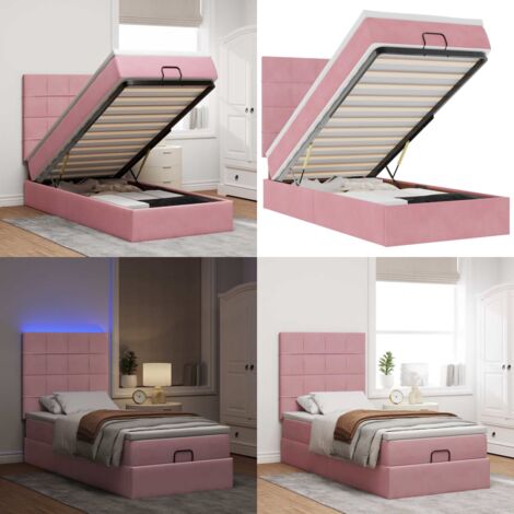 Estructura cama otomana colchones terciopelo rosa 80x200cm - Colchón de muelles ensacados - Almacenamiento debajo de la cama