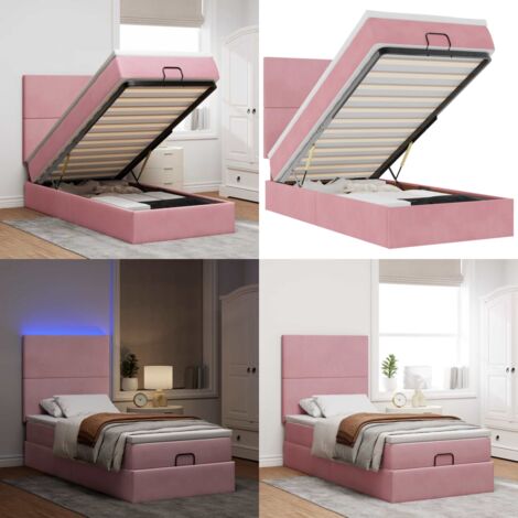 Estructura cama otomana colchones terciopelo rosa 80x200cm - Colchón de muelles ensacados - Almacenamiento debajo de la cama