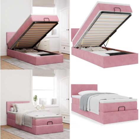 Estructura cama otomana con colchón terciopelo rosa 90x190cm - Colchón de muelles ensacados - Almacenamiento debajo de la cama