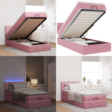 Estructura cama otomana con colchón terciopelo rosa 90x190cm - Colchón de muelles ensacados - Almacenamiento debajo de la cama