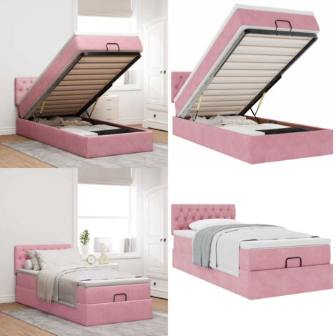 Estructura cama otomana con colchón terciopelo rosa 90x190cm - Colchón de muelles ensacados - Almacenamiento debajo de la cama