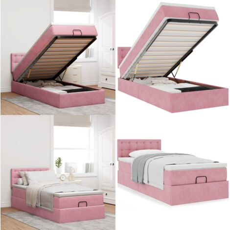 Estructura cama otomana con colchón terciopelo rosa 90x190cm - Colchón de muelles ensacados - Cama con almacenamiento