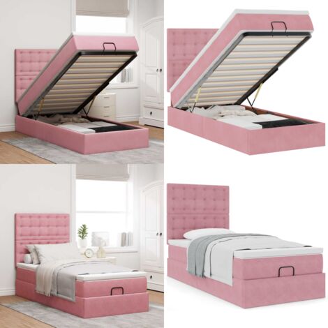 Estructura cama otomana con colchones terciopelo rosa 90x190cm - Colchón de muelles ensacados - Almacenamiento debajo de la cama
