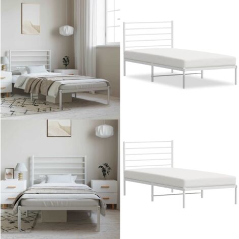 Estructura cama sin colchón con cabecero metal blanco 100x200cm - Estructura de cama - Cabecero de cama