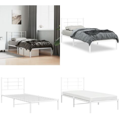Estructura cama sin colchón con cabecero metal blanco 90x200 cm - Estructura de cama - Cabecero de cama