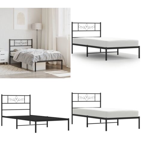 Estructura cama sin colchón con cabecero metal negro 90x200 cm - Estructura de cama - Cama con cabecero