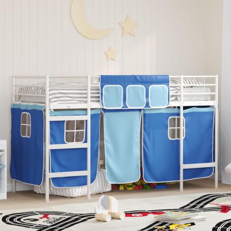 Estructura de Cama Alta para Niños con Cortinas y azul