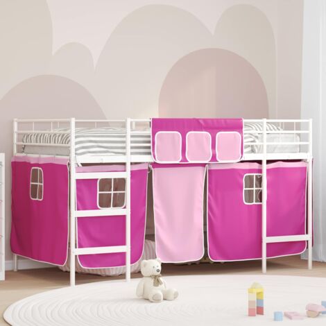 Estructura de Cama Alta para Niños con Cortinas y rosa