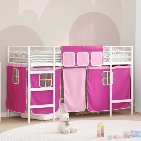 Estructura de Cama Alta para Niños con Cortinas y rosa