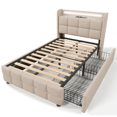 Estructura de cama beige de 90 x 200 cm con almacenaje, somier de láminas de madera, enchufes y puertos USB, cabecero con iluminación LED, apta para adolescentes y adultos (colchón no incluido).