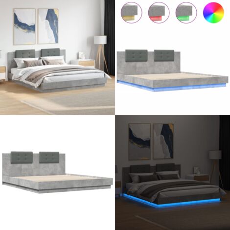 Estructura de cama cabecero luces LED gris hormigón 200x200 cm - Luces LED - Estructura de cama
