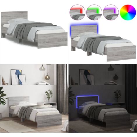 Estructura de cama cabecero luces LED gris Sonoma 90x200 cm - Luces LED - Estructura de cama