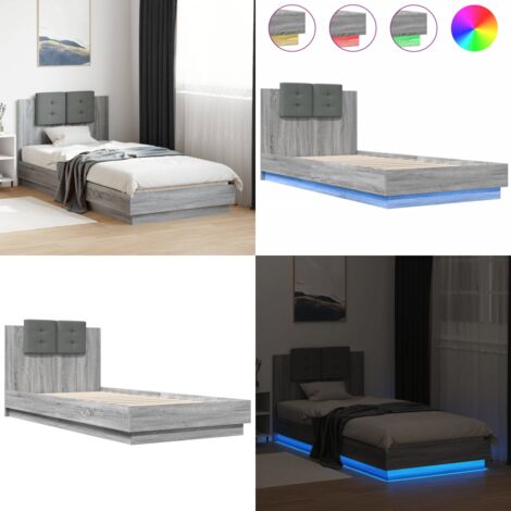 Estructura de cama cabecero luces LED gris Sonoma 90x200 cm - Luces LED - Estructura de cama