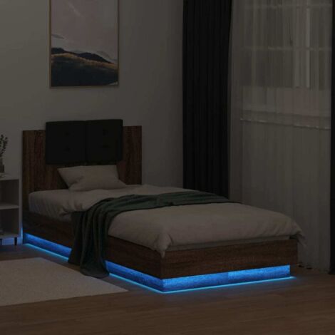 Estructura de cama cabecero luces LED marrón roble 75x190 cm