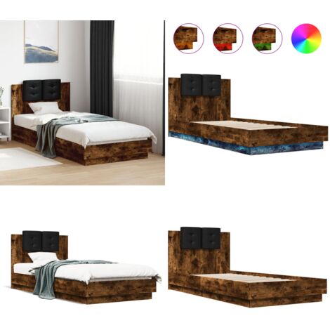 Estructura de cama cabecero luces LED roble ahumado 100x200 cm - Cabecero de cama - Luces LED